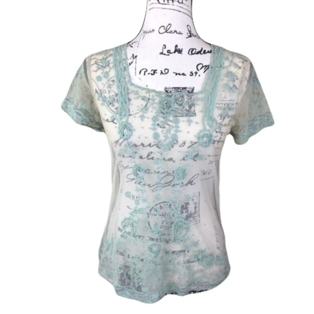Anthropologie Dil Sheer Ivory and Light Green Top